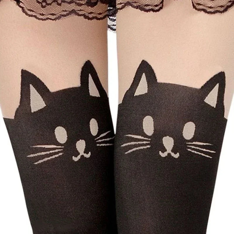 Black Cat Print Knee-High Socks