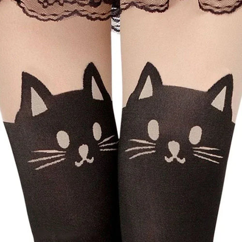 Black Cat Print Knee-High Socks