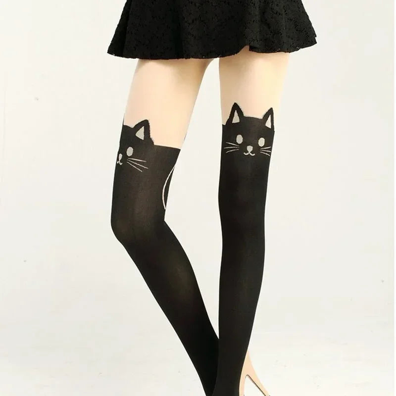 Black Cat Print Knee-High Socks