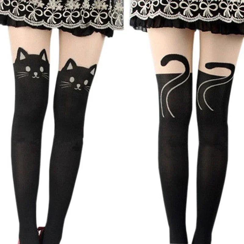 Black Cat Print Knee-High Socks