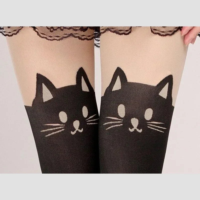 Black Cat Print Knee-High Socks