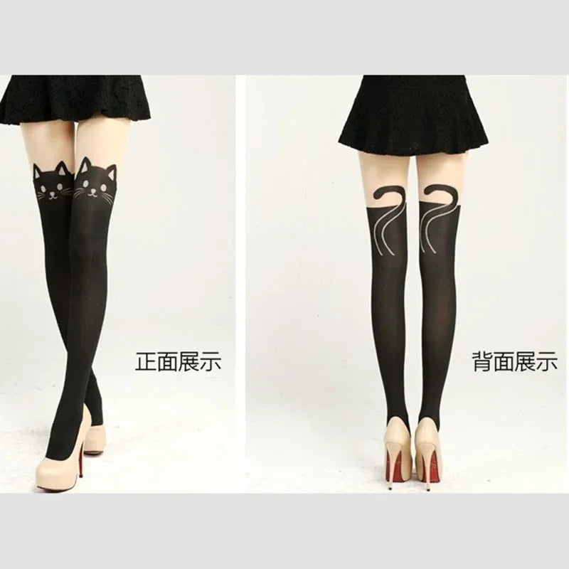 Black Cat Print Knee-High Socks