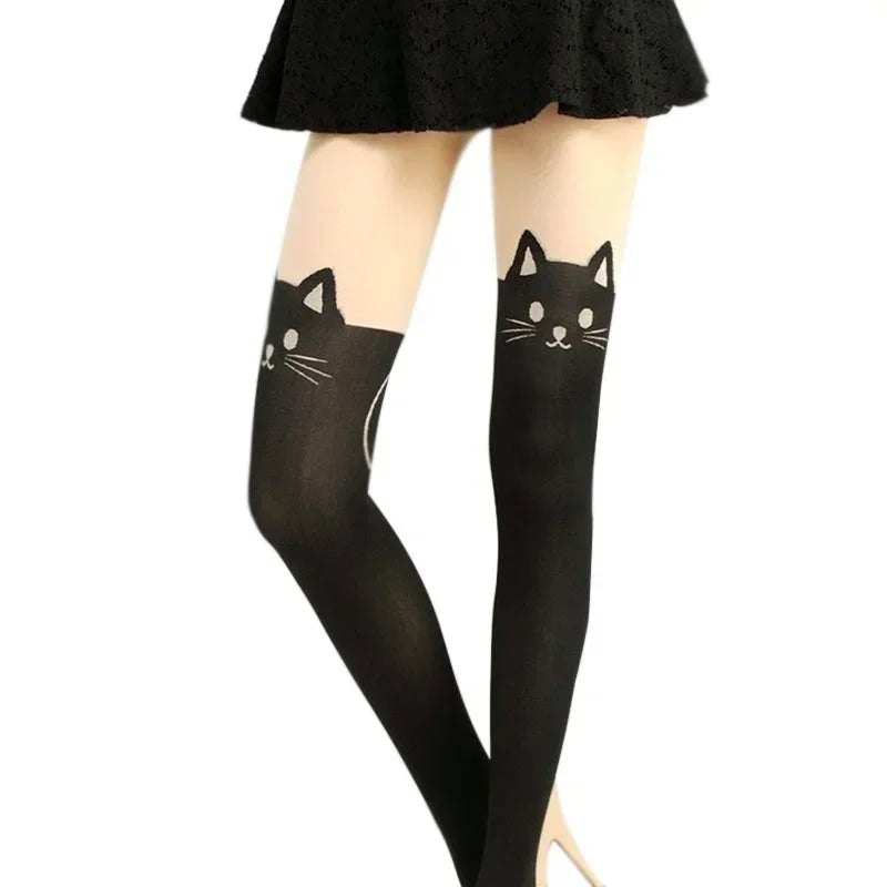 Black Cat Print Knee-High Socks